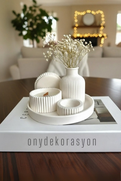 decoronay Dekoratif 4’lü Set - Ahşap Fitilli Kapaklı Mumluk + Vazo Aksesuar Seti