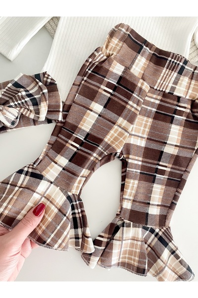 Jammybaby Spanish-Style Plaid Patterned Baby Girl Set and Bandana, 100% Cotton Ribbed Shoulder Ruffles