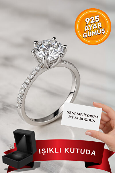CARAT STONE Pırlanta Işıltılı Gerçek Gümüşten Büyük Taşlı Tektaş Yüzük (KARAR...
