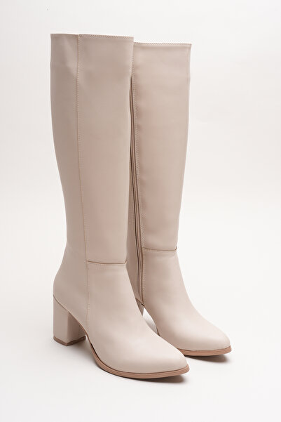 Lizzu Cizme cu toc sub genunchi cu fermoar pentru femei Allecia piele bej