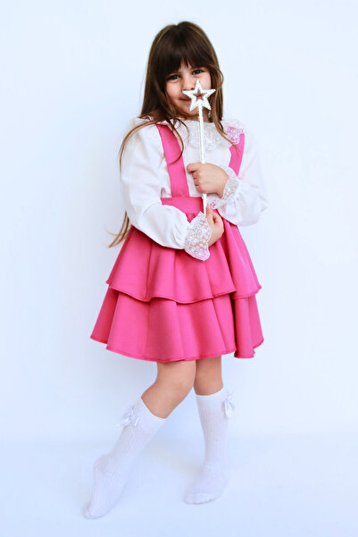 Parla Kids Kız Çocuk Pembe Helen Elbise Jile Dantel Bluz 23 Nisan 29 Ekim Gösteri Kıyafeti Uzun Kollu