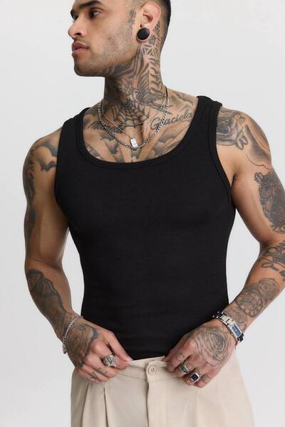 İLKCET MODA Ανδρικό αθλητικό εσώρουχο Premium Ribbed Slim Fit Μαύρο ελαστικό