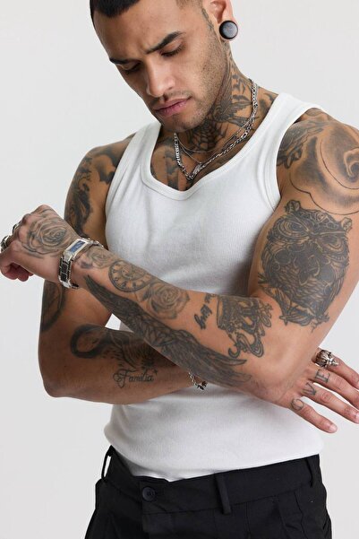 İLKCET MODA 2'li Beyaz ve Kahve Slim Fit Erkek Fitilli Atlet