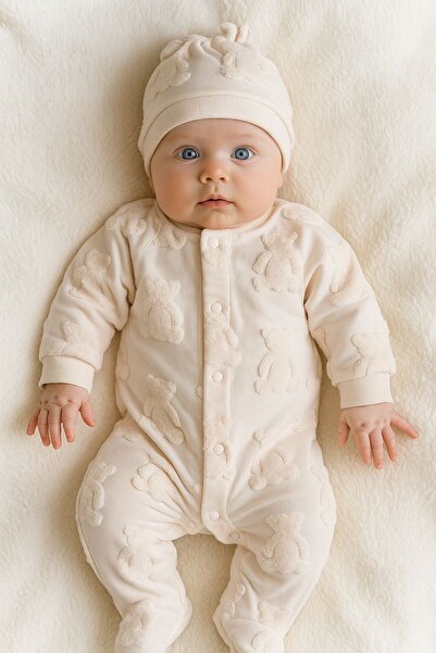 MixMax Bebe Baby Girl Jacquard Teddy Hat Snap Button Jumpsuit
