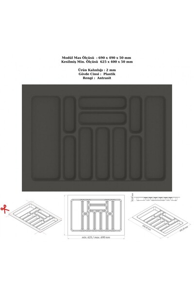 KOÇSAN Drawer Inside Cutlery Holder, Organizer, Organizer 69 cm X 49 Cm-Anthracite