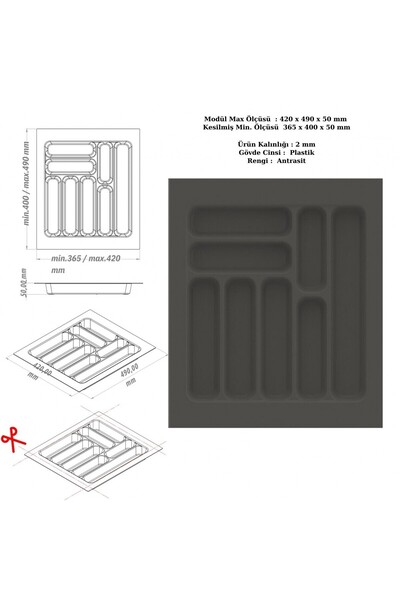 KOÇSAN Drawer Inside Cutlery Holder, Organizer, Organizer 42 cm X 49 Cm-Anthracite