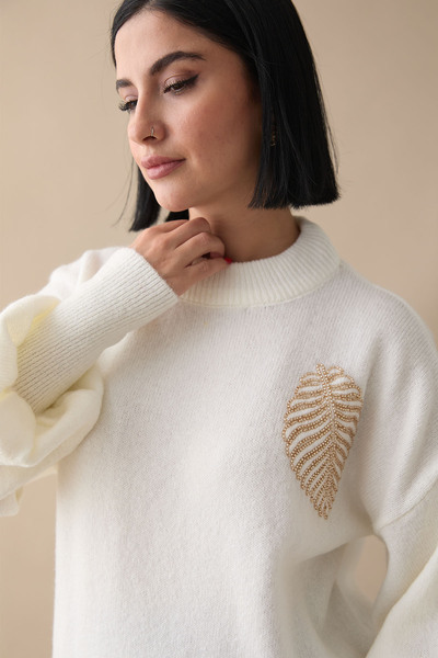 InStyle White Knitwear Sweater - Leaf Stone Detailed