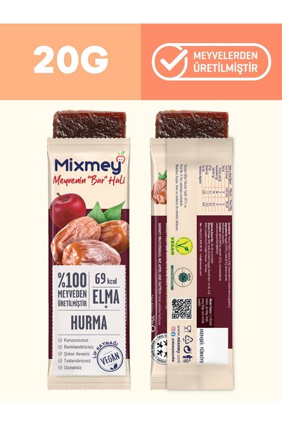 mixmey Karma 2 Meyve Bar 12 Adet | Sağlıklı Atıştırmalıklar – Vegan, Glutensiz, Koruyucusuz 20gr X 12 Adet