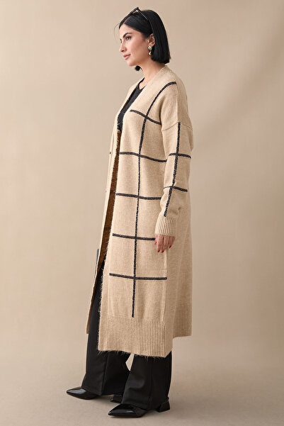 InStyle Beige Color Glitter Striped Knitwear Cardigan