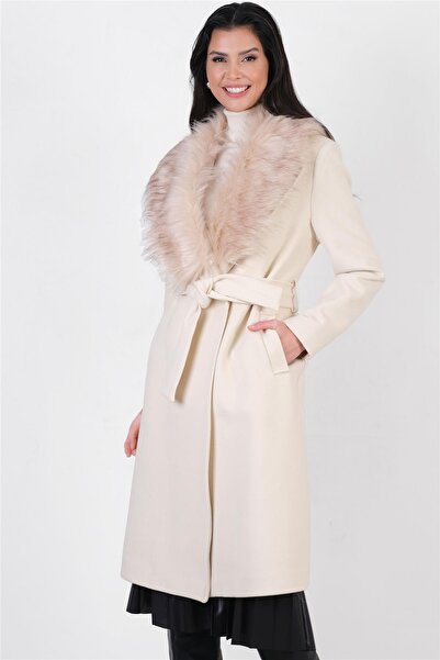 Spazio Pivetti Yakası Kürklü Kuşaklı Kaban TAŞ