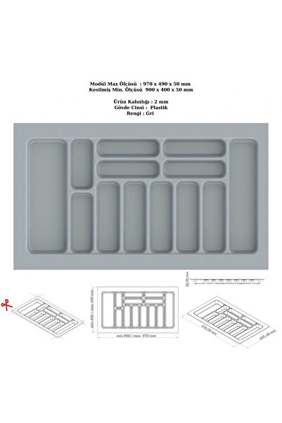 KOÇSAN Drawer Inside Cutlery Holder, Organizer, Organizer 97 cm X 49 Cm-Grey