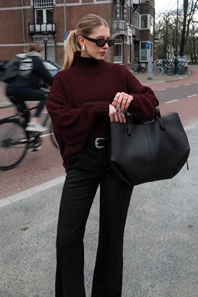 Madmext Pulover tricotat pentru femei cu gât înalt Burgundy Mg2535