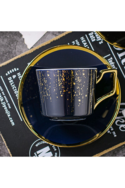 Generic 3-Piece Creative Golden Firework Coffee Cup And Saucer Dark Blue/Gold