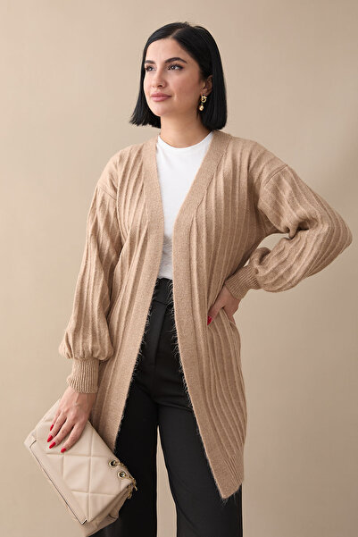 InStyle Peluş Fitilli Camel Triko Hırka