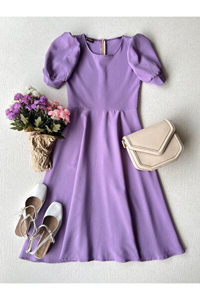 KÜÇÜĞÜM BUTİK Kadın Lila Rengi Karpuz Kollu Krep Midi Boy Kloş Elbise