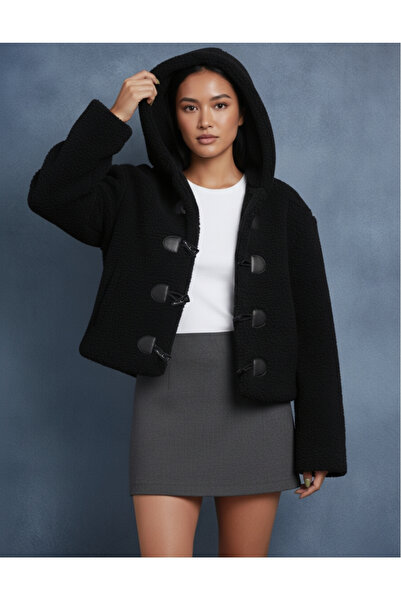 Moda ZR KADIN PELUŞ KAPŞONLU SÜSLÜ DÜĞMELİ CEKET ASTARLI MONT KABAN