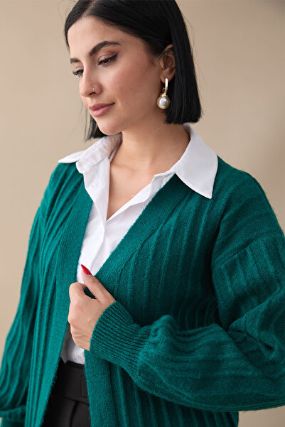 InStyle Peluş Fitilli Zümrüt Yeşili Triko Hırka