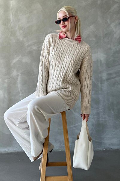 Madmext Ekru Bisiklet Yaka Örgülü Triko Kazak Mg2336