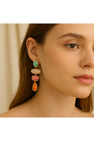 GLİTHE.CO Women's Colorful Natural Stone Look Dangle Earrings - Gold Plated S...
