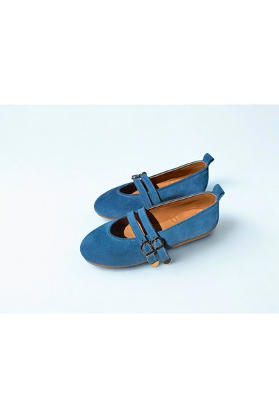 SALDA Genuine Leather Women's Blue Suede Mary Jane Ballet Flats - Handmade Daily Comfortable Shoes