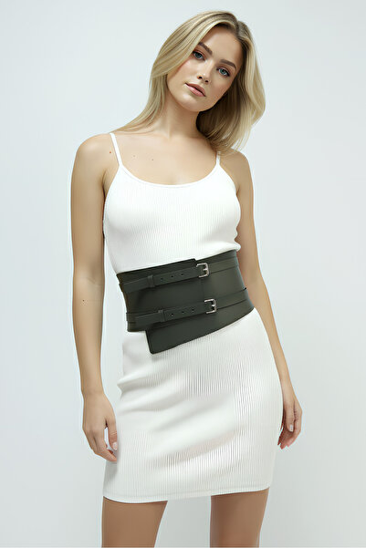 Angels Passion Χακί γυναικεία ζώνη με διπλή πόρπη, φαρδιά δερμάτινη ζώνη