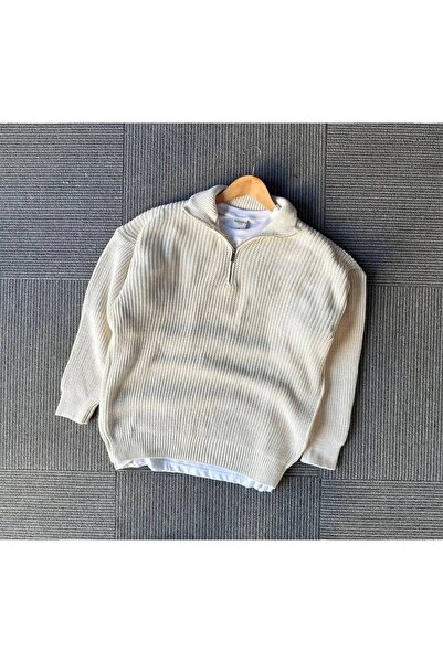 brozzi men Pulover tricotat unisex ecru cu jumătate de fermoar