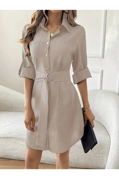 Masspera Women's Shirt Collar Long Sleeve Buttoned Belted Waist Mini Imported Linen Dress