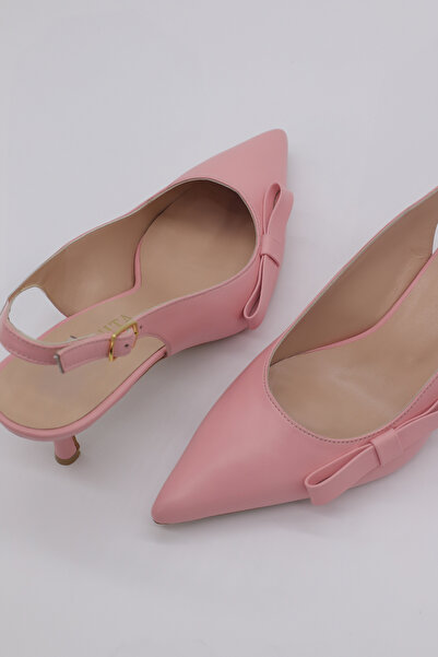 wanita milano Gerçek Deri Kadın İnce Topuklu Slingback Ayakkabı Ön Fiyonk Detaylı Zarif Şık