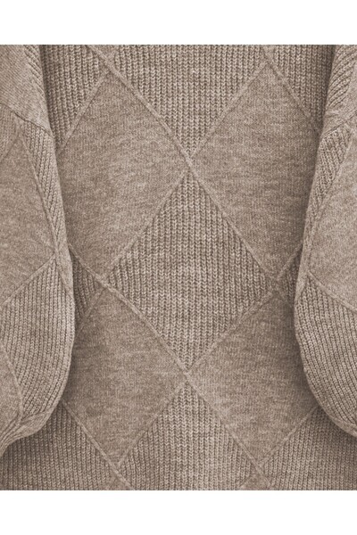 Modamorfo Round Neck Diamond Pattern Slit Knit Sweater - Light Mink