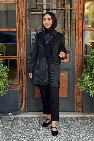 SCL Omuz Bağlama Detaylı Çizgili Tunik 10002521211008 Siyah