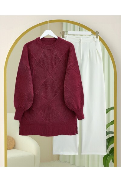 Modamorfo Round Neck Diamond Pattern Slit Knit Sweater - Burgundy