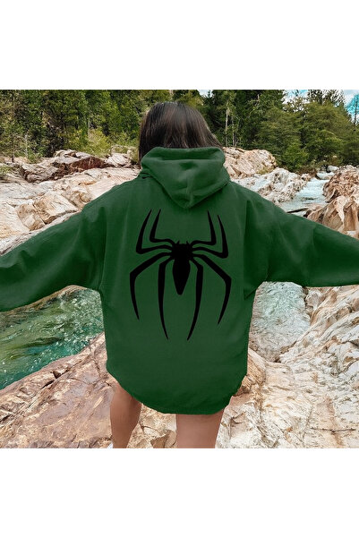 CLASSY.MODA 3 Thread Unisex Hooded Kangaroo Pocket Hoodie Large Black Spider Printed Sweatshirt