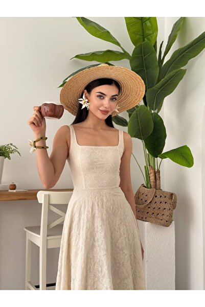 ETİKAFASHION Keten Çiçek İşlemeli Kare Yaka Uzun Askılı Elbise