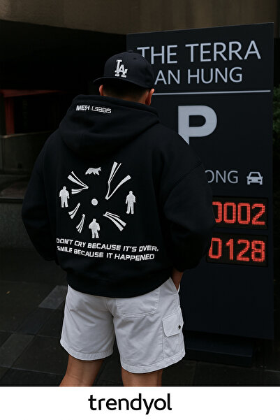 CLASSY.MODA Unisex 3-Thread Hooded Sweatshirt with Kangaroo Pocket, Printed with Text and Figure Pattern on the Back