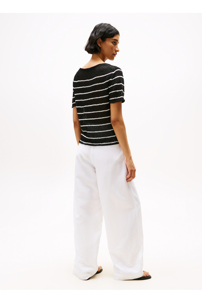 Tommy Hilfiger Yuvarlak Yaka Standart Çizgili Siyah Kazak Kadın WW0WW465220AR