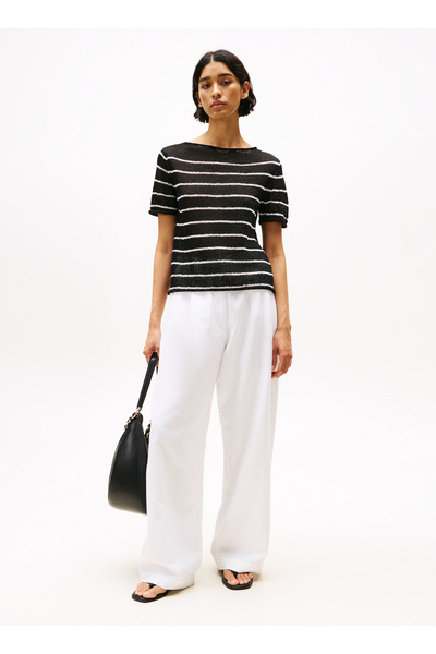 Tommy Hilfiger Yuvarlak Yaka Standart Çizgili Siyah Kazak Kadın WW0WW465220AR