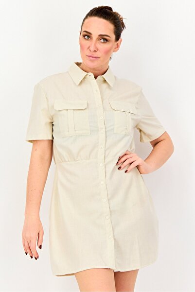 Brave Soul Women Plain Shirt Dress, Beige