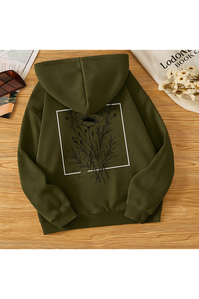 CLASSY.MODA Women's Hooded Kangaroo Pocket Oversized Sweatshirt with Floral Pattern on the Back, Printed, Comfortable, Casual