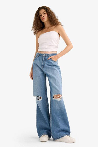 DeFacto Pantaloni lungi din denim cu talie înaltă, cu picioare largi, cu detaliu rupt, lavabili E9114AX25AU