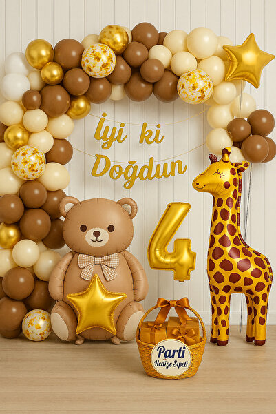 parti hediye sepeti Ayı ve Zürafa Temalı Doğum Günü Parti Seti | Gold Balonla...