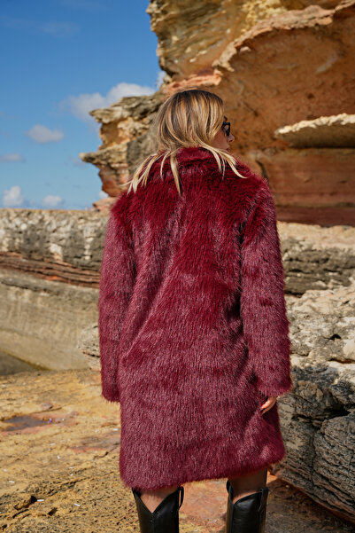 ASEDE Soft Textured Lined Knee Length Midi Premium Fur Coat with Pockets