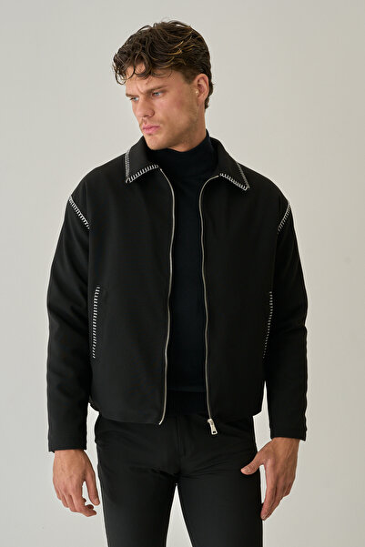 Rogyi Tekstil Men's Black Zippered Casual & Classic Coat Jacket with Stitching Detail