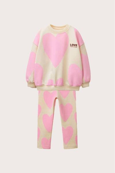 ARBİ kids Girls' Three-Thread Pink Heart Pattern Quality Mold Double Suit