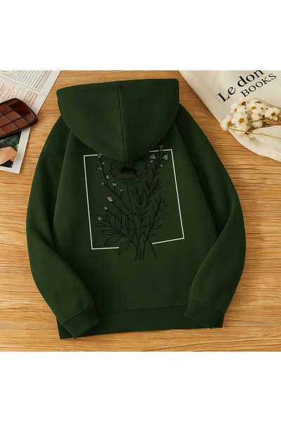 CLASSY.MODA Women's Hooded Kangaroo Pocket Oversized Sweatshirt with Floral Pattern on the Back, Printed, Comfortable, Casual