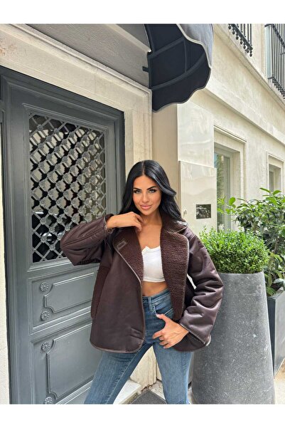 maf collection Women's Brown Leather Jacket with Button and Pocket Detail