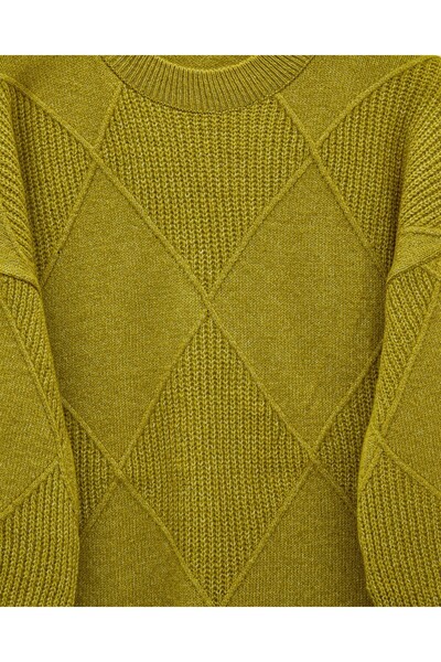 Modamorfo Round Neck Diamond Pattern Slit Knit Sweater - Oil Green