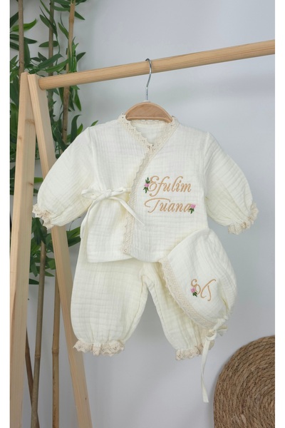 gros shop Müslin Yeni Doğan 4Katlı Organik %100Pamuk Kişiye Özgü Nakışlı Hast...