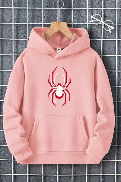CLASSY.MODA Unisex Kangaroo Pocket 3 Thread Hoodie Modern Spider Print with Hood in White and Red Detail