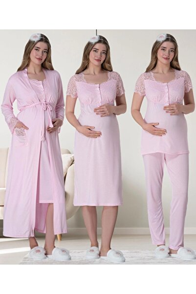Viselya Ροζ Μακρύ Νυχτικό με Παντελόνι, Σετ Πιτζάμες Εγκυμοσύνης