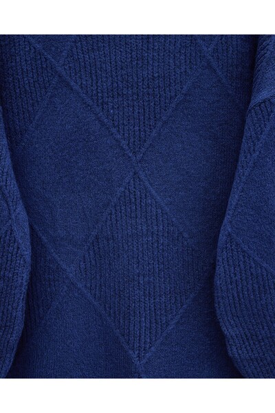 Modamorfo Round Neck Diamond Pattern Slit Knit Sweater - Navy